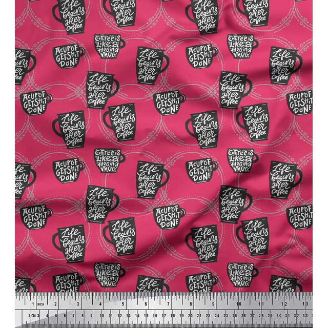 Soimoi Pink Poly Georgette Fabric Life Begins After Coffee Text Printed Fabric 1 Yard 42 Inch Wide