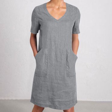 LOVZFMLL Robe Ample pour Femme en Lin à Manches Courtes, Col en V, avec Poches, Gris, P