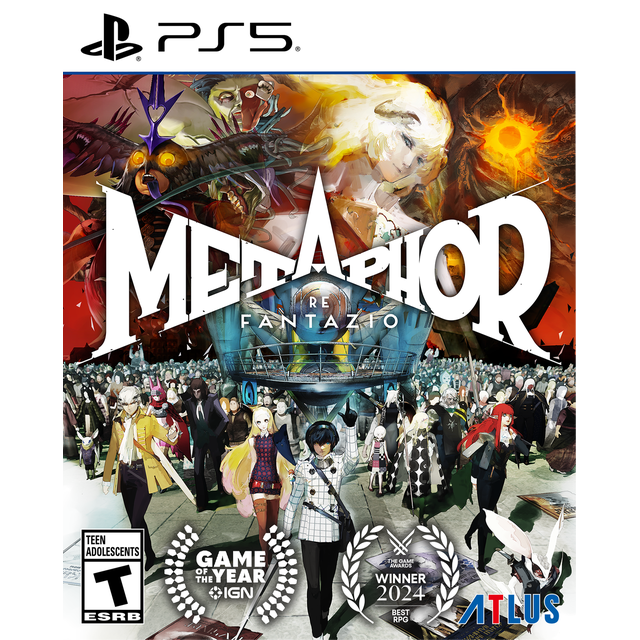 Metaphor: ReFantazio Launch Edition (PS5) cover art depicting a crowd of anime-style characters gathered before a futuristic arena with a glowing orb, set against fantasy monster figures, including PlayStation 5 logo, ESRB Teen rating, and 2024 Game of the Year and Best RPG award laurels.