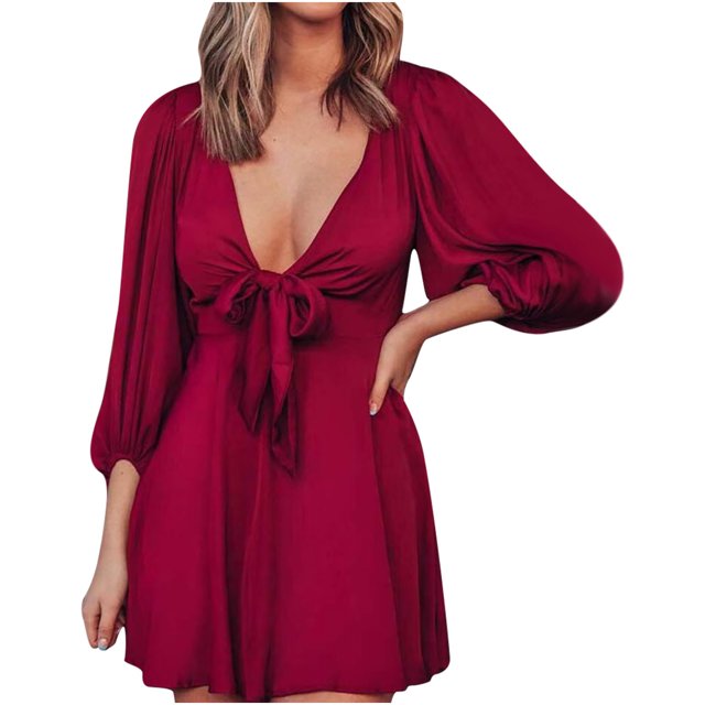 CEHVOM Mode Femmes Robe Unie à Nœud Aguichant à Col en V Courte Basique Midi Robe de Boîte de Nuit Longueur Genou Soldes