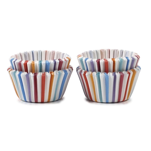 Pillsbury 100 pack mini patterned paper baking cups stacked in two piles, each cup featuring vertical stripes in blue, red, orange, purple, and white. These greaseproof cups measure 1.25 inches diameter by 0.85 inches height, ideal for mini muffins and often used for serving small candies or nuts.