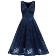 thumbnail image 1 of HKEJIAOI Liquidation d'Économies Robe de Bal Cadeau de la Saint-Valentin Femme Col en V Dentelle à Blocs de Couleur Drapée Patchwork Mignonne Robe de Soirée Formelle Bleu Marine, 1 of 4