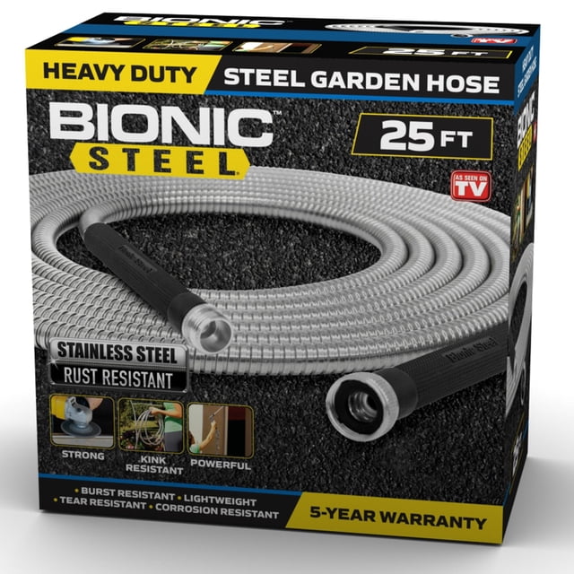 Bionic Steel Tuyau d'Arrosage de Jardin en Métal 304 de 25 Pi dans Son Emballage, Conçu pour l'Arrosage Extérieur et l'Irrigation de Jardin. Fabriqué en Acier Inoxydable 304 durable, Il Résiste à la Rouille, aux Fuites et aux Perforations. le Tuyau Présente des Raccords en Laiton Résistants à l'Écrasement, une Flexibilité Sans Pli et une construction Légère, Idéal pour le Nettoyage à Haute Pression et une Utilisation Extérieure Polyvalente.
