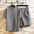 thumbnail image 5 of Two Piece Pants Sets Mens Two Piece Solid Cotton Linen Short Sleeve V Neck Tops and Shorts Set, 5 of 5