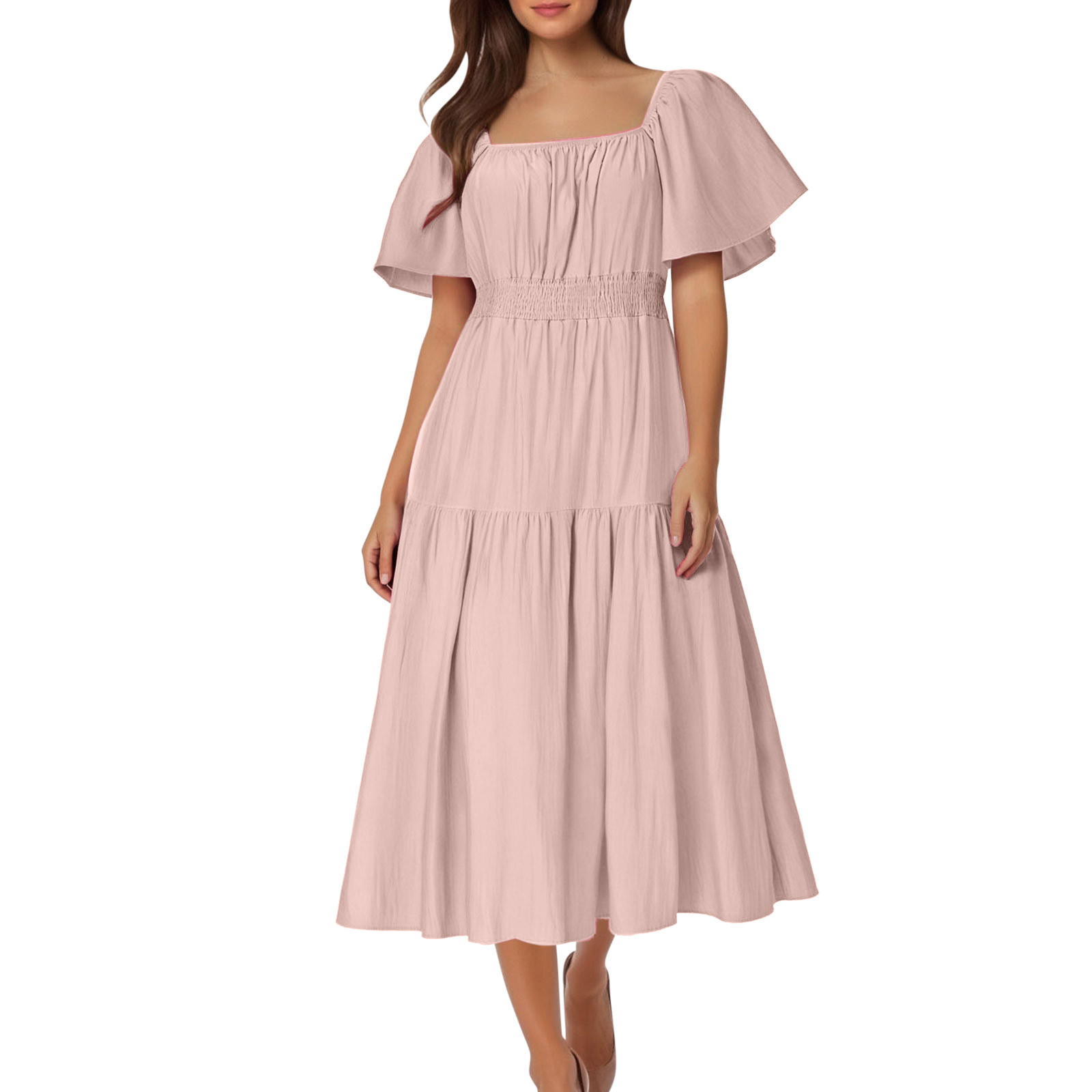 Liquidation d'Économies d'Été 2025 Bovxnpu Robe d'Été pour Femme, Robes Maxi Décontractées pour Femme Robe Bohème de Plage, Robe d'Été Décontractée pour Femme à Encolure Carrée à Manches Courtes Unie TTTG