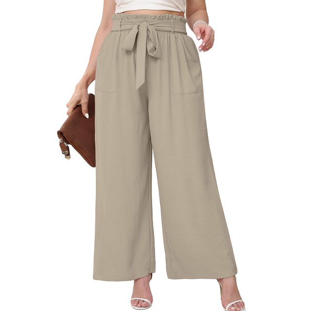 Showmall Womens Plus Size High Waisted Palazzo Pants with Pockets, Wheat, 2X