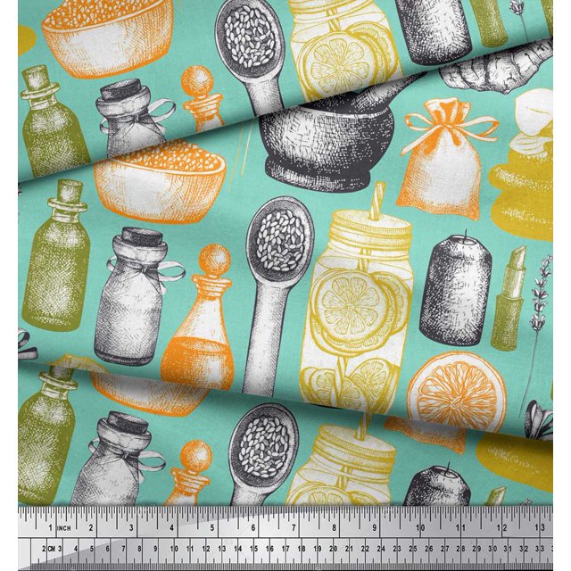 Soimoi Tissu Poly Georgette Gingembre, Pot & Mortier et Pilon Imprimé Cuisine au Mètre 42 Pouces de Large