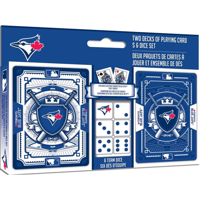 Masterpieces Puzzle Company Toronto Blue Jays Two Decks Of Playing Cards & Dice Set with two blue-backed decks featuring custom Toronto Blue Jays face cards and six white dice with blue dots and Blue Jays logo, packaged in a blue box with bilingual English and French text, suitable for poker and game room play.
