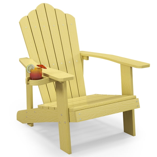 Gymax Chaise Adirondack d'Extérieur à Lattes Résistante aux Intempéries pour Patio avec Porte-Gobelet Jaune