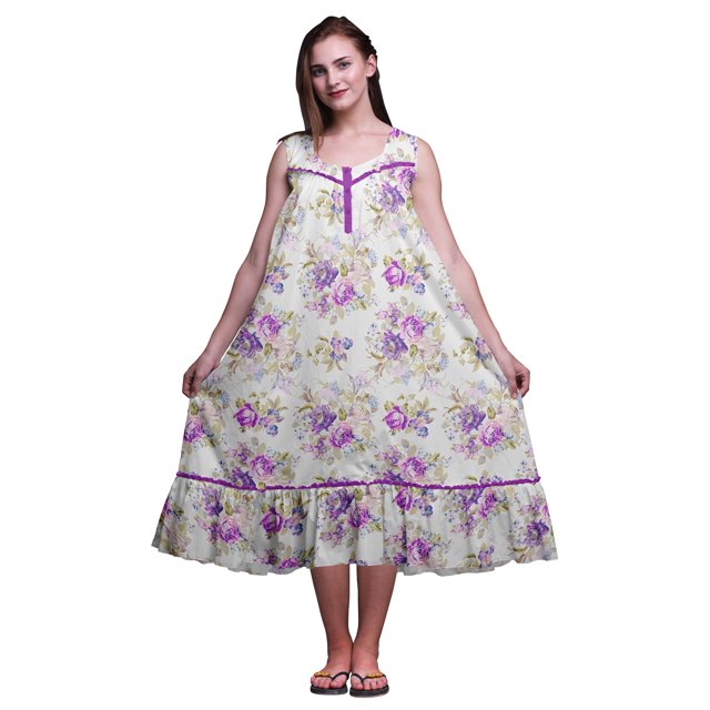 Bimba Robe de Nuit Mi-Mollet Violette à Feuilles Florales/lilas et Pivoine pour Femmes, Coton Imprimé, Sans Manches, Robe Maxi, Petit