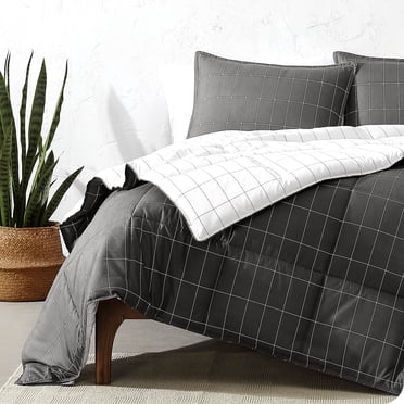 Bare Home Goose Down Alternative Comforter Set - 3 Piece Set - King/Cal King, Grid - Gray/White