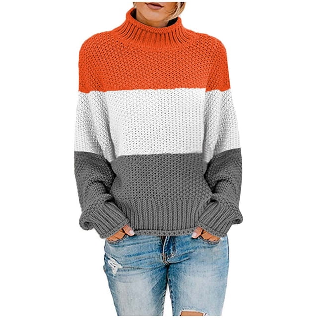 Chandails à Enfiler pour Femmes Hiver Femmes Tricot Agencement de Couleurs Col Rond Ample Décontracté Hauts de Chandail Femmes Hauts Légers d'Automne P-67 Orange P
