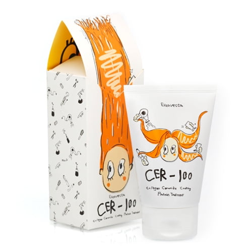ELIZAVECCA CER-100 Collagen Ceramide Coating Protein Treatment, a 3.38 fl. oz. (100 mL) hair treatment in a white tube featuring playful orange-haired cartoon graphics, ideal for repairing damaged hair and promoting a glossy shine. The packaging includes a decorative box with whimsical illustrations, suitable for scalp care and nourishment.