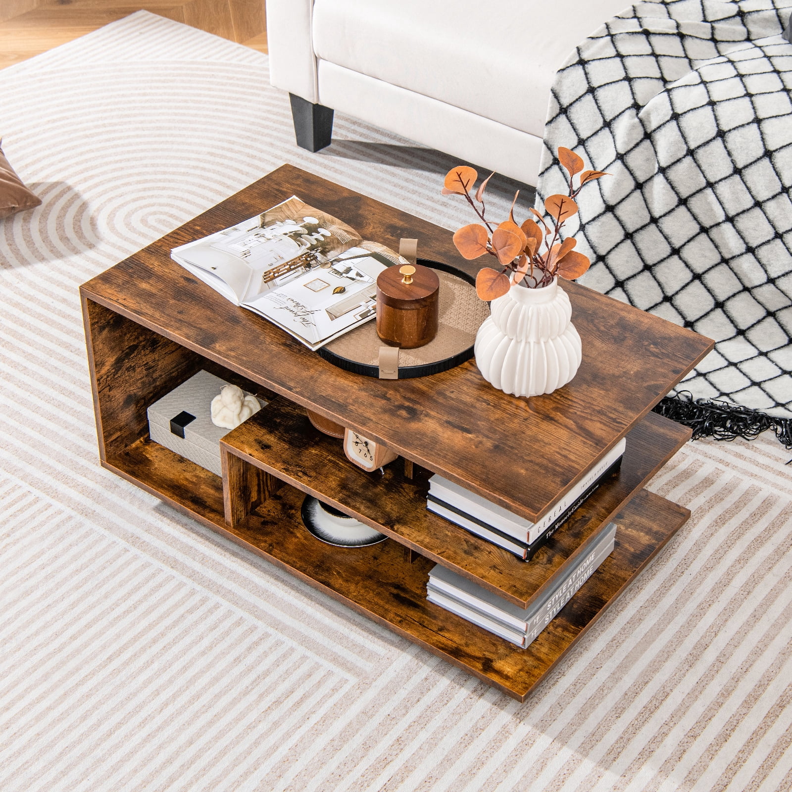 Giantex Rectangular Accent Table, Coffee Table w/L-Shaped Middle Shelf, Cocktail Table Sofa Table, Geometric Center Table