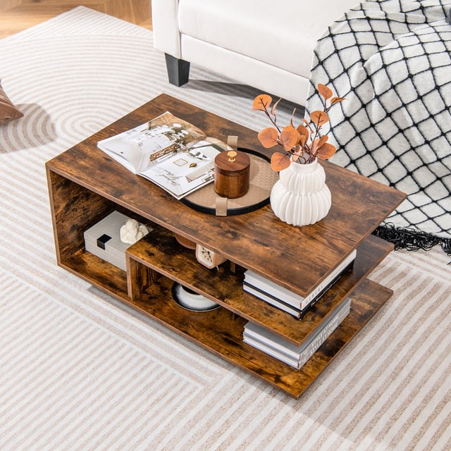 Giantex Rectangular Accent Table, Coffee Table w/L-Shaped Middle Shelf, Cocktail Table Sofa Table, Geometric Center Table
