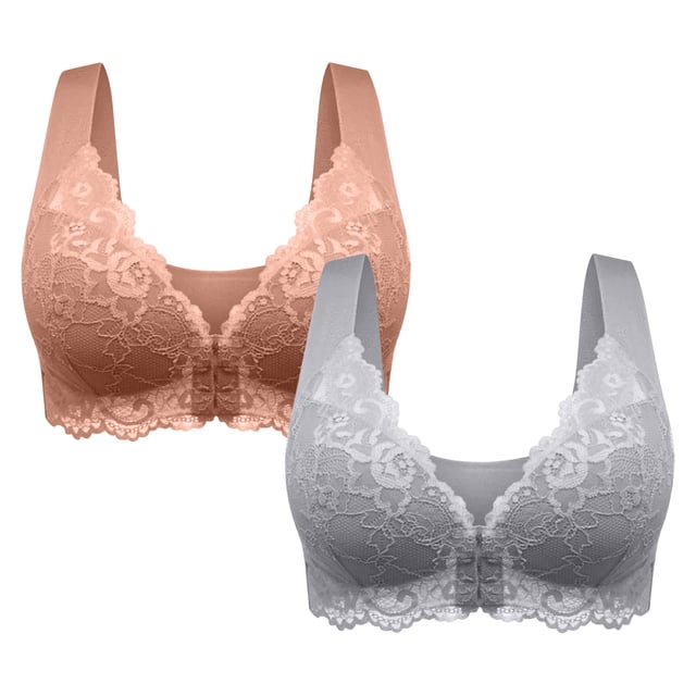 Timegard Lace Bras for Women 2pc Plus Size Front Closure Full Support Back Smoothing Comfy Daily Bras