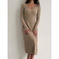 thumbnail image 4 of xiaxaixu Robes d'Automne pour Femmes 2023, Robe Chandail d'Automne et d'Hiver à Manches Longues, Col en V, Tricot Côtelé, Robe Midi de Soirée, 4 of 6