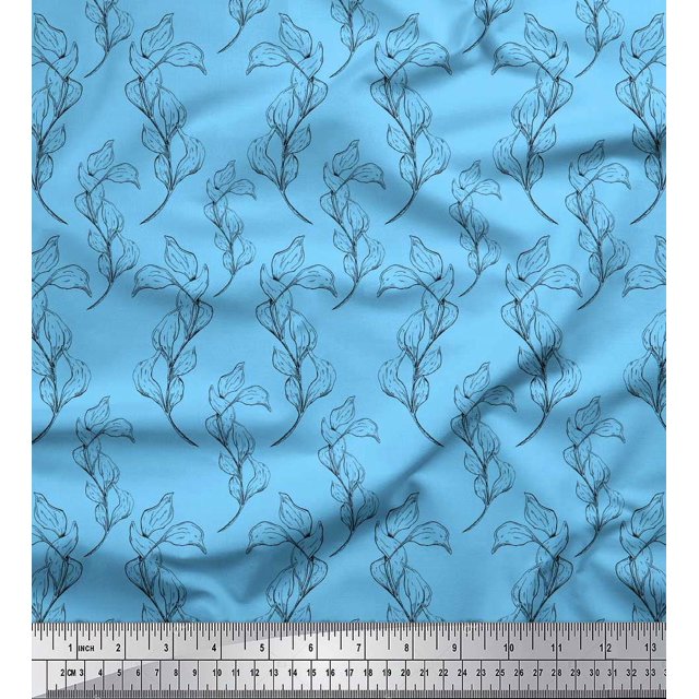 Soimoi Blue Rayon Fabric Pear Leaves Print Sewing Fabric Yard 42 Inch Wide