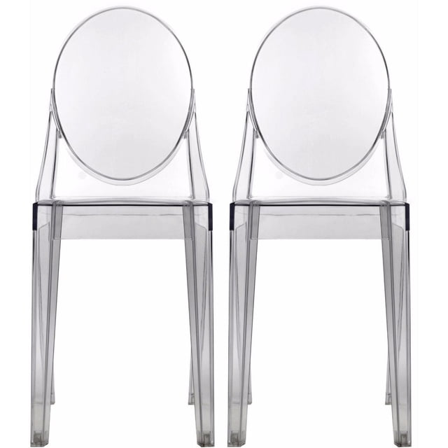 Nicer Furniture Ghost Clear Side Chair set of two, crafted from weather-resistant transparent polycarbonate with a round backrest and straight legs, ideal for kitchen and dining seating with a Victorian-inspired modern design.
