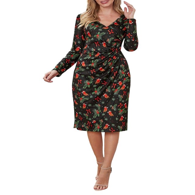 Robe à Motif Cartoon pour Femmes avec Manches Longues et Col en V Parfaite pour Noël