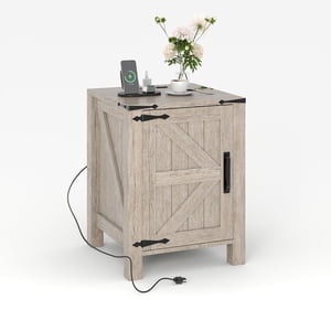 Light Oak Grey Rustic Farmhouse Nightstand with USB Charging Station, Barn Door Adjustable Inner Shelf Two-Tier Small Bedside End Table Bedroom Single Unit