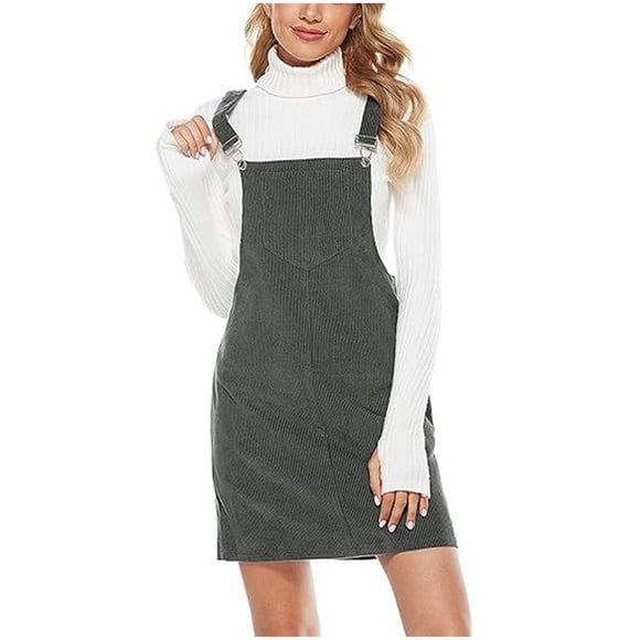 aohooy Coverall Dress for Women Cozy Corduroy Overalls Bib Dresses Adjustable Straps Pinafore Suspender Skirt Jumper Gray,S
