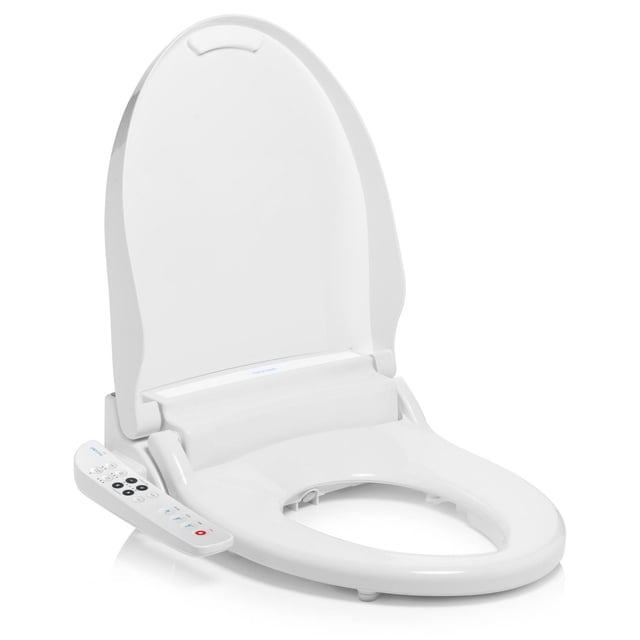 Swash Select BL67 Sidearm Bidet Seat in round white with ergonomic heated seat, hybrid water heating, self-cleaning stainless-steel nozzle, and side control panel for adjustable front and rear wash, pressure, and blue nightlight, shown open.