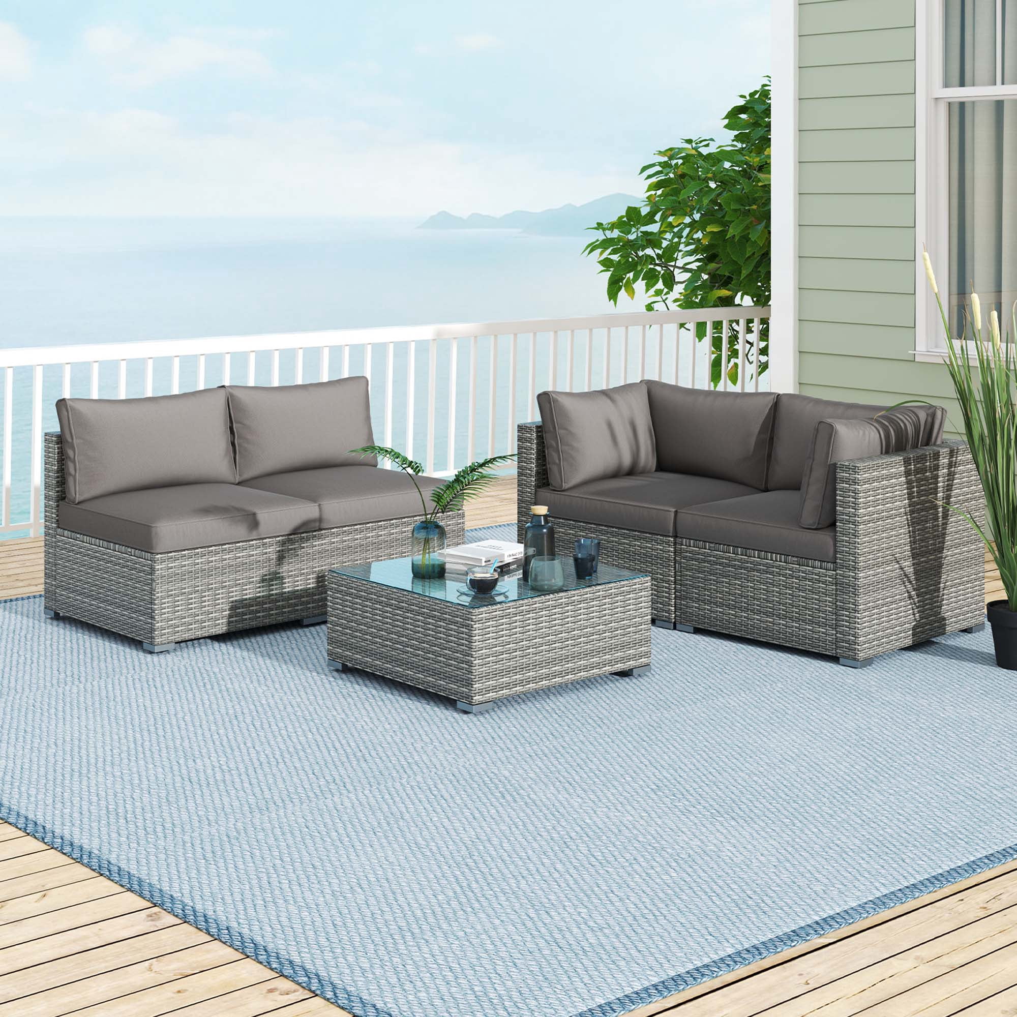 Costway Ensemble de Conversation en Rotin PE pour Terrasse Extérieure, Canapé Sectionnel 5 Pcs, Gris