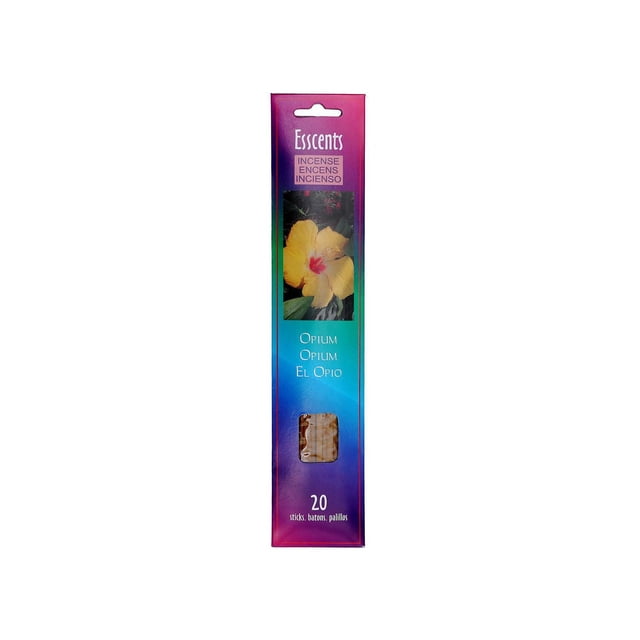Bâton Esscents (Opium) - Ensemble de 8 Bâtonnets d'Encens Naturels dans une Haute Boîte Rectangulaire avec un Fond Dégradé Violet à Bleu, Présentant une Fleur d'Hibiscus Jaune et une Petite Fenêtre Montrant des Bâtonnets d'Encens Brun Clair, Convient au Parfum d'Ambiance et au Rehaussement de l'Humeur.