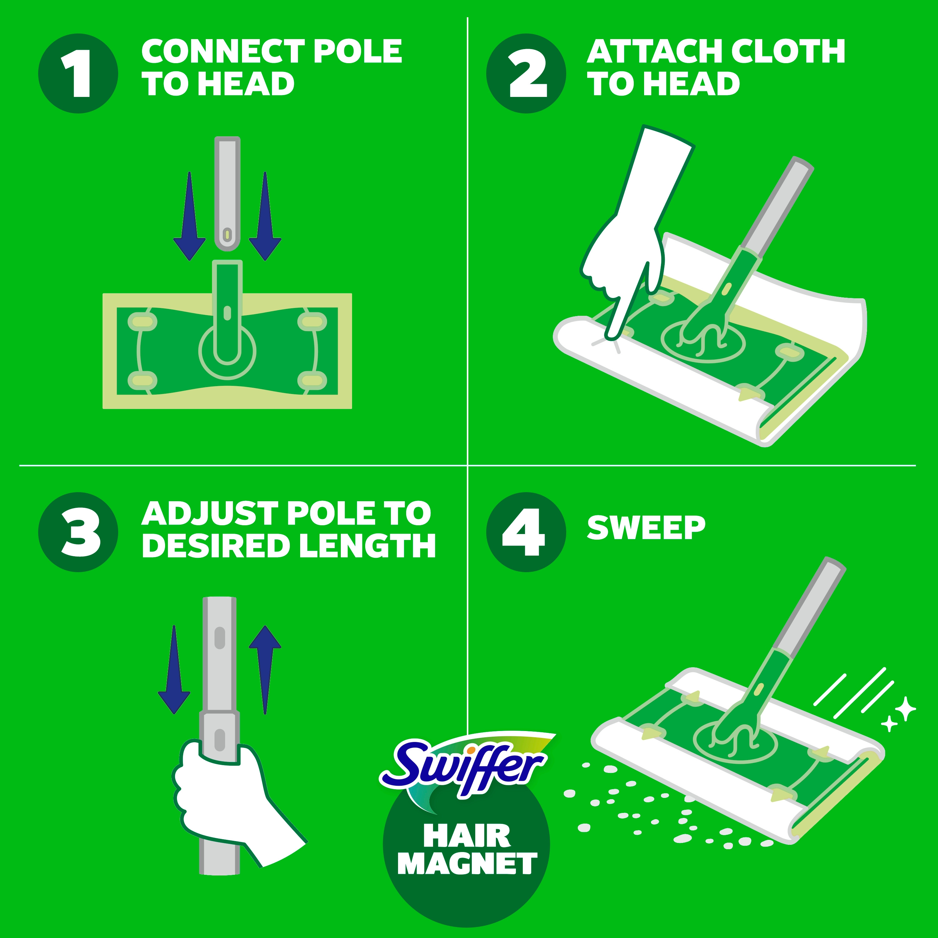 Swiffer Hair Magnet Pro Starter Kit with Collapsible Pole, 6 Hair Magnet Dry Cloths, 2 Bonus Mop & Go Wet Cloths