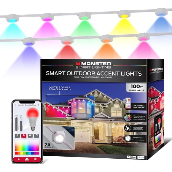 Monster Smart Permanent Outdoor Lights, 100ft, 72 LED RGBIC+ Multiwhite, All-Weather Water-Resistant, App & Voice Control, Perfect for Holidays and Year-Round Use