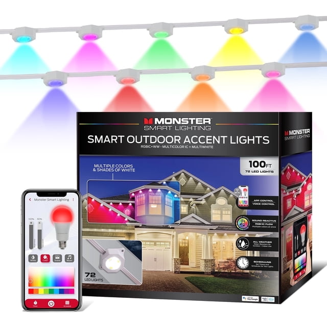 Monster Smart Permanent Outdoor Lights, 100ft, 72 LED RGBIC+ Multiwhite, All-Weather Water-Resistant, App & Voice Control, Perfect for Holidays and Year-Round Use
