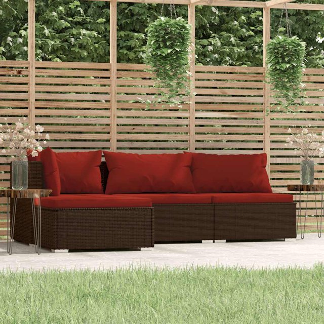 vidaXL 4 Piece Garden Lounge Set with Cushions Brown Poly Rattan