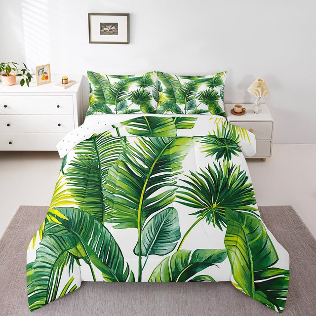 Erosebridal Tropical Palm Tree Leaves Bedding Queen Comforter Set, Botanical Plants Down Comforter, Reversible 3 Pieces