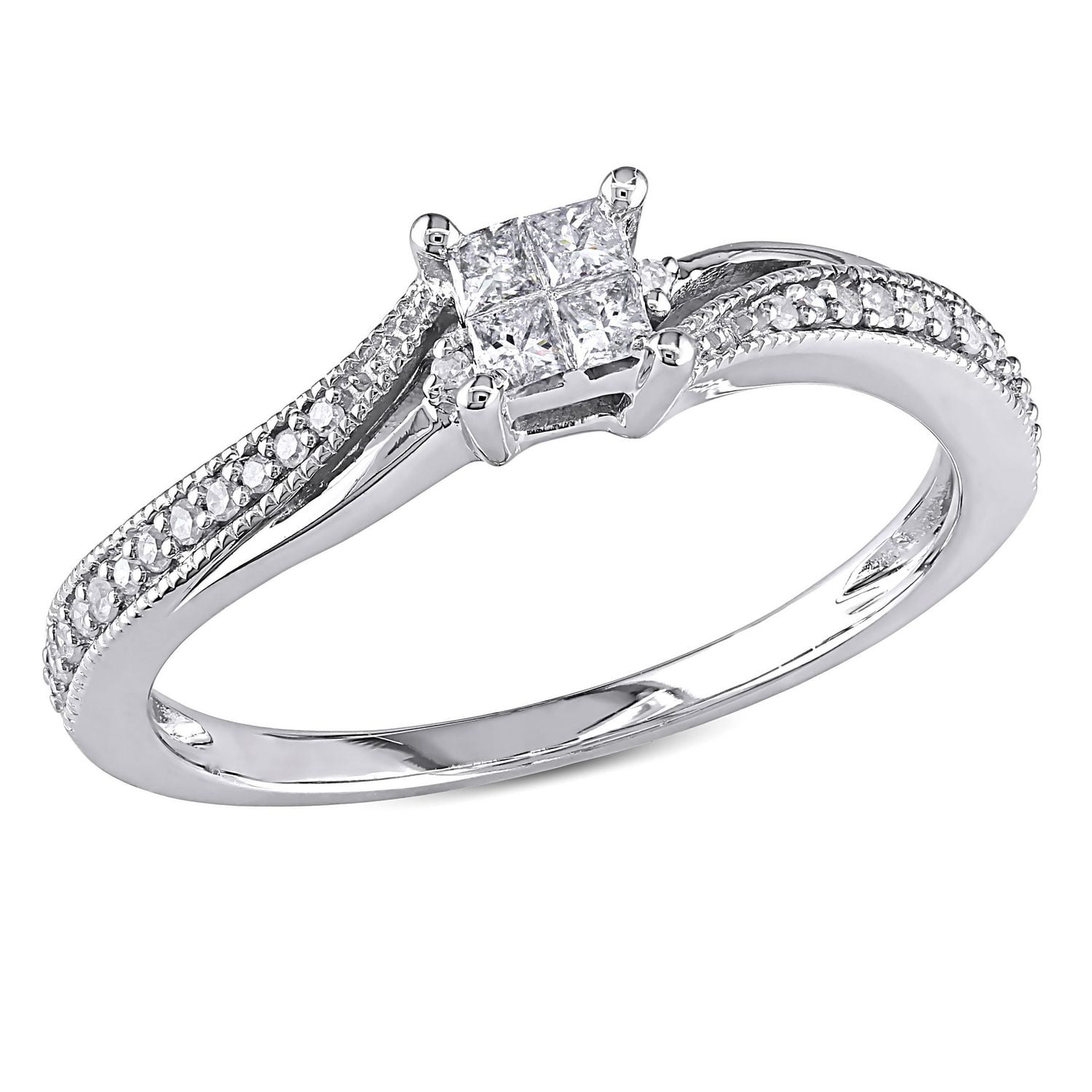 Bague de fiançailles à sections divisées Miabella avec diamants de coupe princesse et ronde 0,20 ct poids total en or blanc 10 k