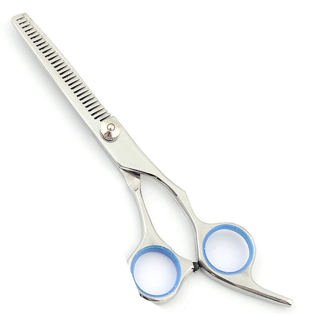 Hair Scissors Professional Hair Shears Barber Razor Hair Cutting Scissors Shears Trim Hair Scissors. Stainless steel construction with sharp blades designed for precise and clean cuts without damaging hair. Features ergonomic handles with blue rubber inserts for a comfortable grip, suitable for right-handed use. Ideal for professional and home use, catering to men, women, children, and babies. The scissors have a sleek silver finish and a tension adjustment screw for customization.