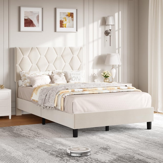 Yiwa Twin Bed Frame with Upholstered Headboard, Upholstered Bed Frame, Heavy-Duty Platform Bed Frame with Adjustable Headboard, Strong Wood Slat Support/No Box Spring Needed/Noise Free