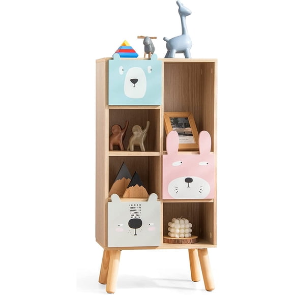 OLAKIDS Kids Bookcase Toy Storage Organizer, Children Storage Cabinet with 3 Slide Drawers 4 Cubes, Wooden Bookshelf for Toddlers Classroom Nursery Playroom