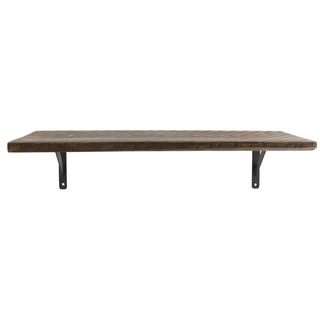 hometrends Rustic Shelf with Metal Brackets, a 23-inch wood wall shelf with rustic stain finish supported by two black metal brackets with mounting holes, ideal for farmhouse or industrial décor and organizing various rooms.