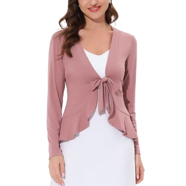 Allegra K Women's Dressy Cardigan Sweaters Tie Front Draped Ruffle Knit Cardigans S Dark Pink