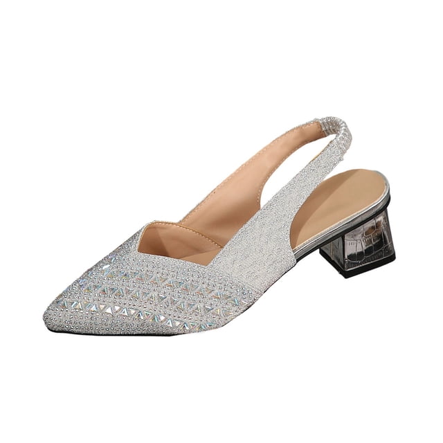 RXMEKW Rhinestone Slingback Pumps for Women, Pointed Toe Low Block Heel Sandals with Elastic Strap for Wedding, Cocktail Party, and Formal Events in Black, Champagne, and Silver