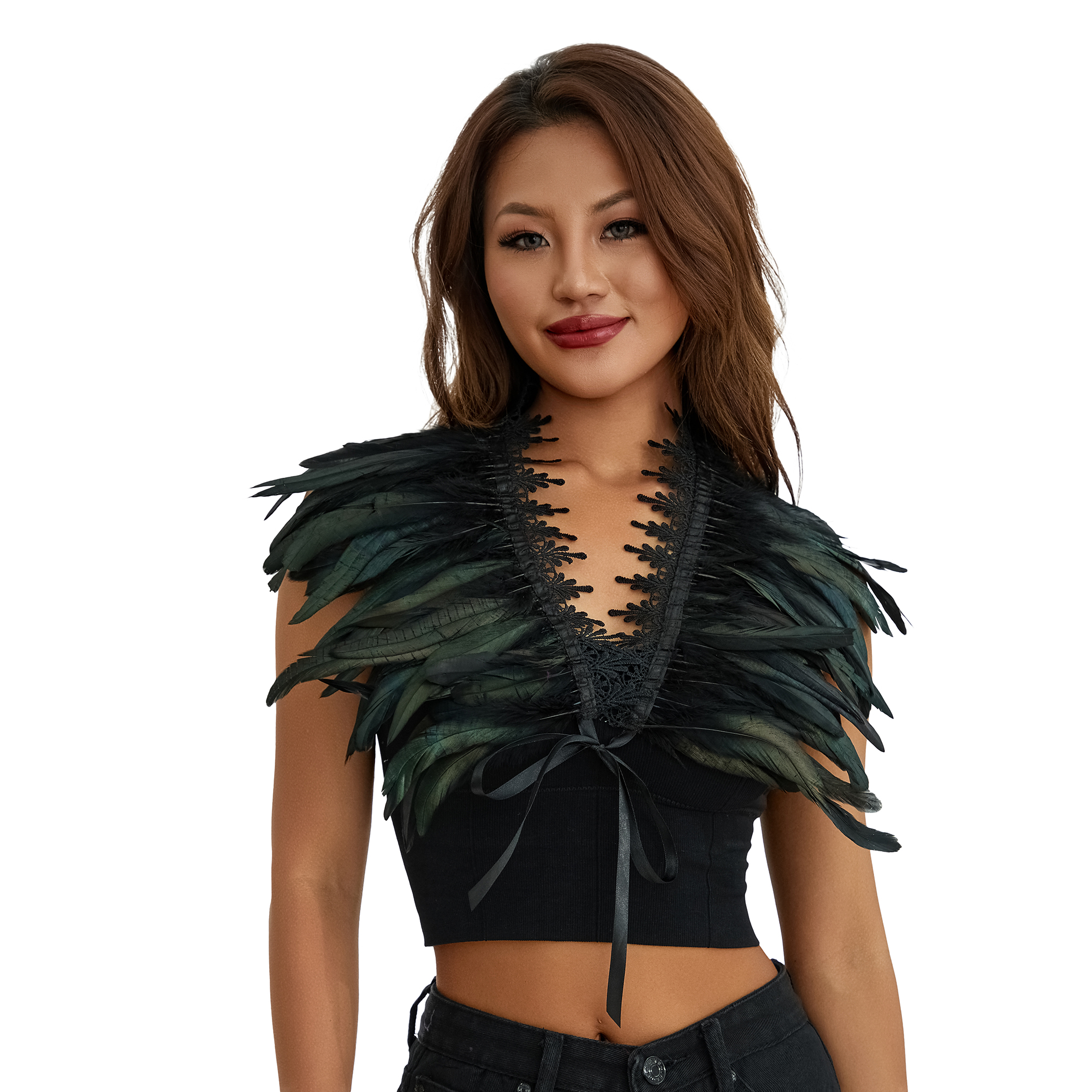 Fortune Cape Gothique à Plumes pour Femmes Halloween Cosplay Fête Châle à Lacets Boléro