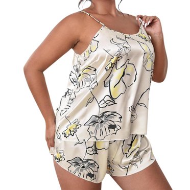 B91xZ Pyjama en Satin pour Femmes, Manches Courtes, Ensemble de Shorts Doux, Deux Pièces, Boutonné, Beige 4TG
