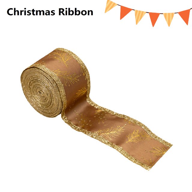 TopLLC Christmas Ribbon Wired, Christmas Decorations 5.5 Yards 2 inch Gold Pine Needles Wired Edge Ribbon, Glitter Christmas Tree Decorative Ribbon Fabric Craft Ribbon for Gift Wrapping Bow Wreath