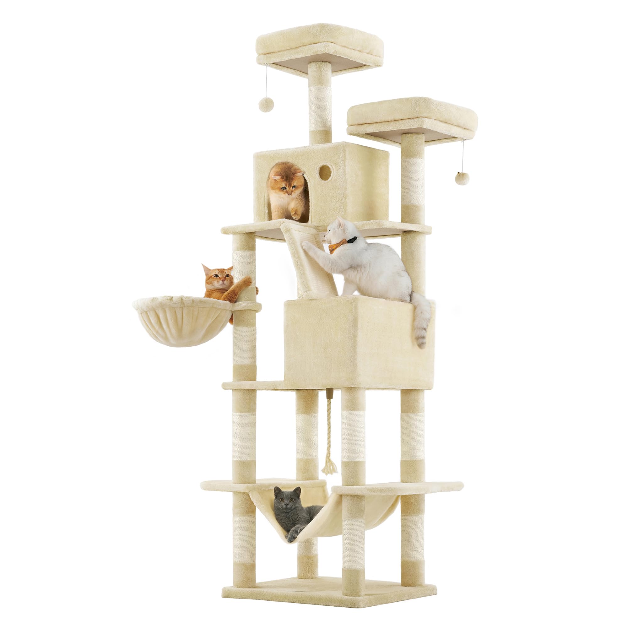 Feandrea Cat Tree, 206 cm Large Cat Tower Condo with 13 Scratching Posts, 2 Perches, 2 Caves, Basket, Hammock, Pompoms, Multi-Level Design, Beige UPCT190M01