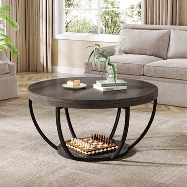 Fnova Table Basse avec Rangement à 2 Niveaux, Table Basse Ronde de 32 Pouces en Bois avec Pattes en Métal, Table Centrale de Style Rustique Moderne pour Salon, Gris Foncé et Noir