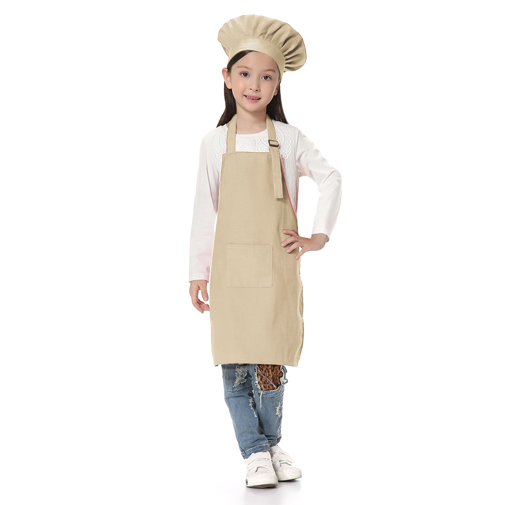 TOPTIE Kids Apron and Chef Hat Set, Adjustable Cotton Child Cooking Kitchen Apron, S-XXL-Khaki-XXL