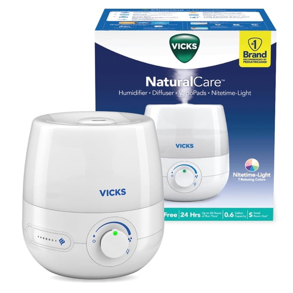 Vicks NaturalCare Cool Mist Ultrasonic Humidifier, Small Room Humidifier for Bedroom, Diffuser with Nighttime Light, Works with Vicks VapoPads, White