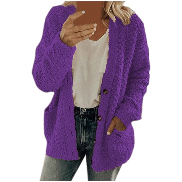 Fleece Cardigan Sweaters for Women Soft Long Sleeve Jacket with Pockets Button Down Open Front Fall Clothes