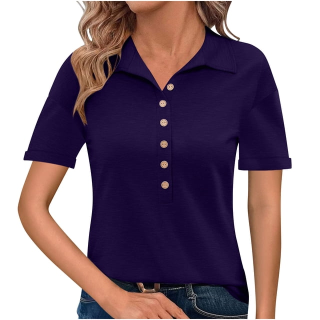 Besolor Womens Short Sleeve T Shirts Business Casual Collared Button up Tops Summer Office Work Blouses Tees